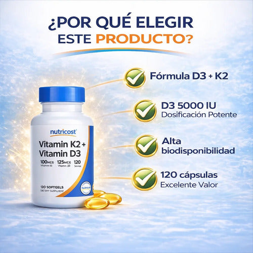 VITAMINA D3 K2, NUTRICOST, 120 CÁPSULAS